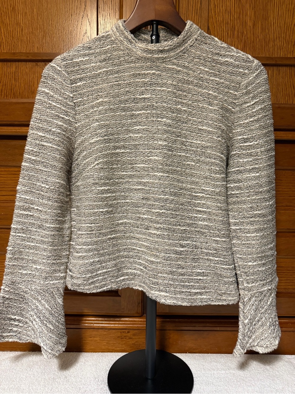 Zara Woman Tweed Look Textured Mock Neck Bell Sleeve Top Metallic Capsule Chic